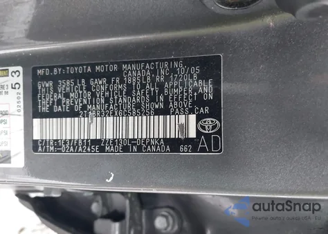 2006 Toyota Corolla Le из США, поврежденный, VIN 2T1BR32EX6C585256